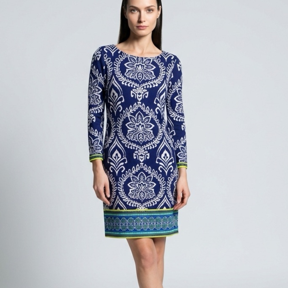 Vince Camuto Damask Print Sheath Dress Size 6 Navy White Jersey Shift Career